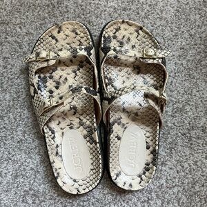 J. Crew Tan and Black Sandals with Two-Strap Design